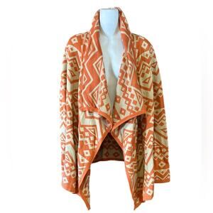 THML Womens Size Large Tan and Rust Aztec Waterfall Collar Cardigan Sweater